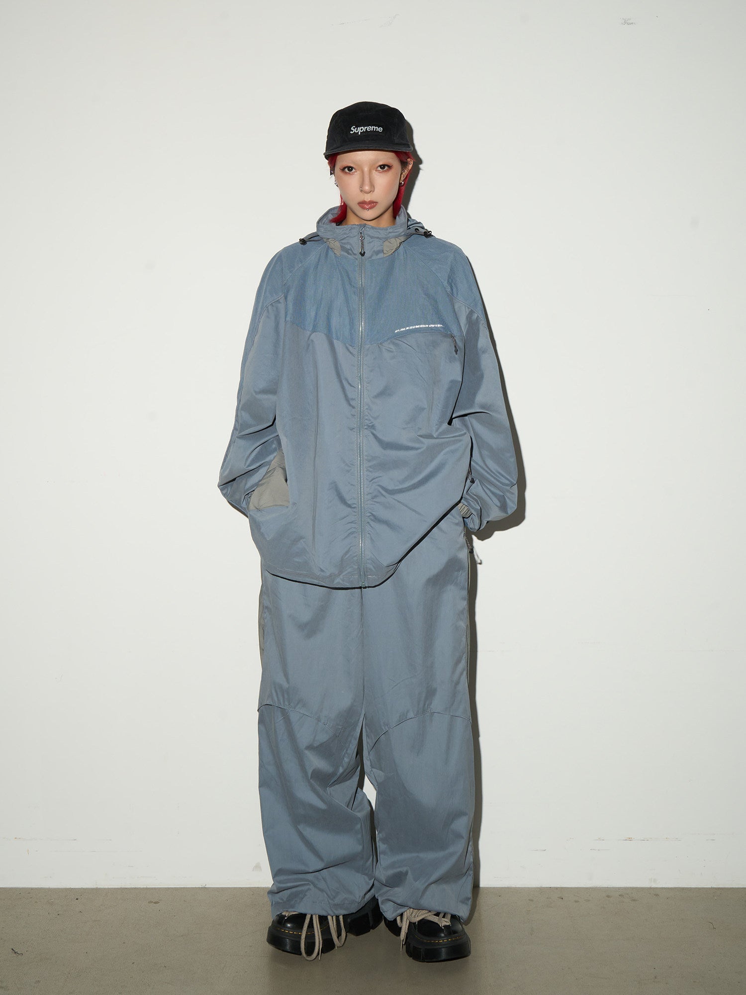 Oversize Nylon Hooded Jacket & Panel Wide Leg Pants Setup