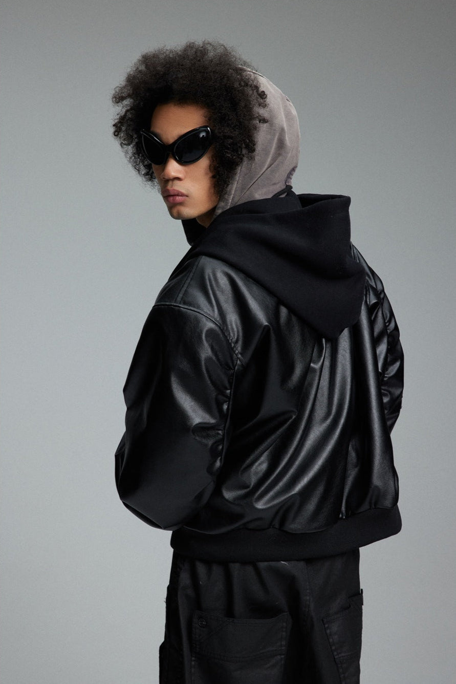 Chaqueta de béisbol de cuero PU con capucha