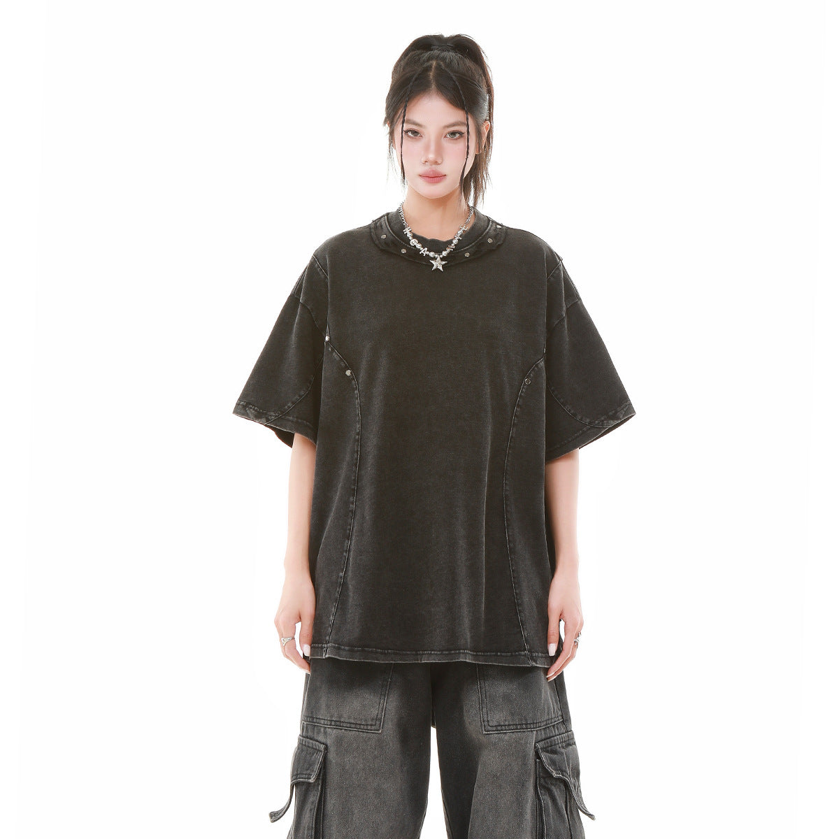 Heavy Washed Fade Stitching Short Sleeve T-Shirt