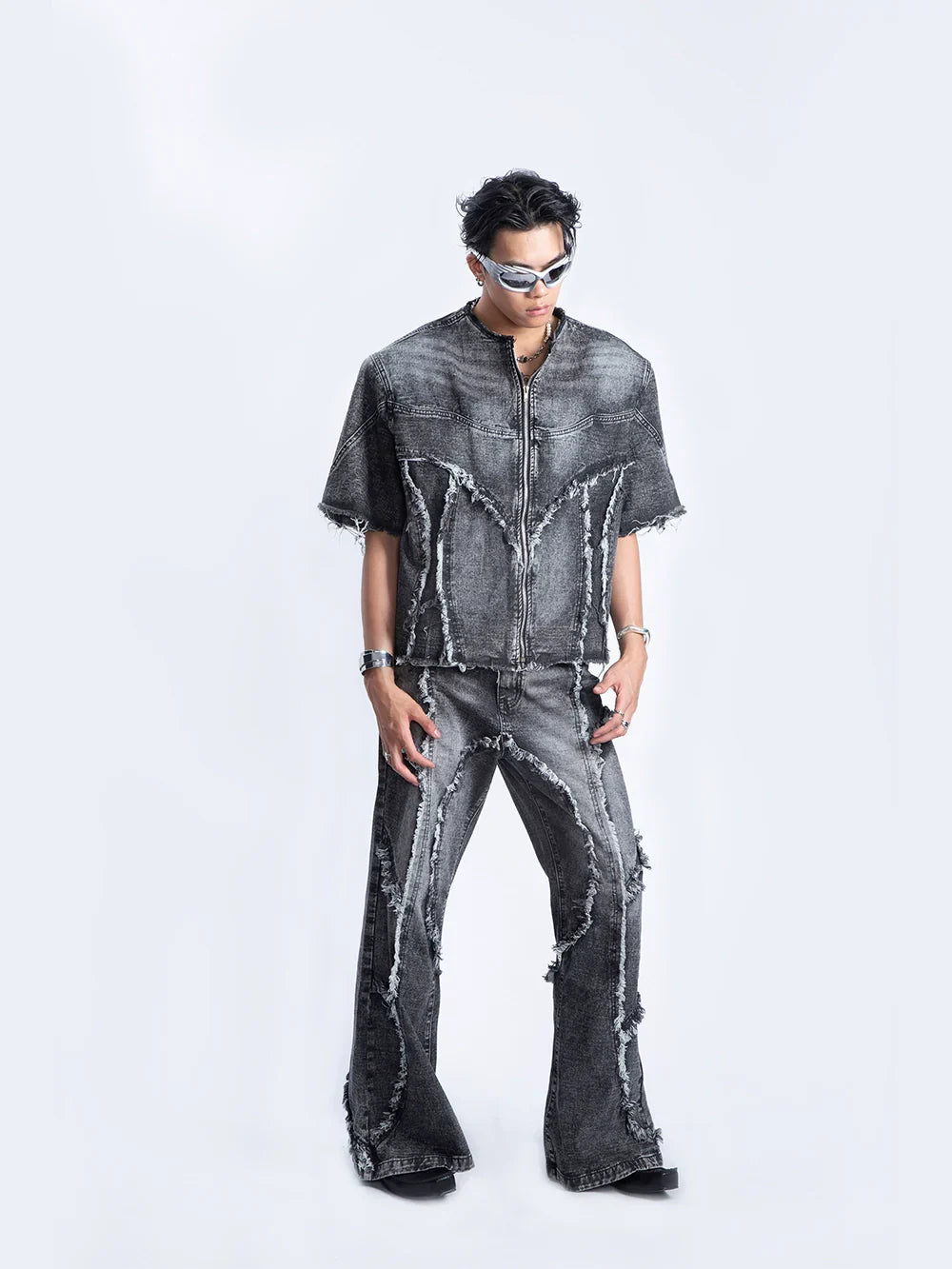 Damage Fringe Short-sleeve Denim Jacket & Micro Flare Denim Jeans Setup