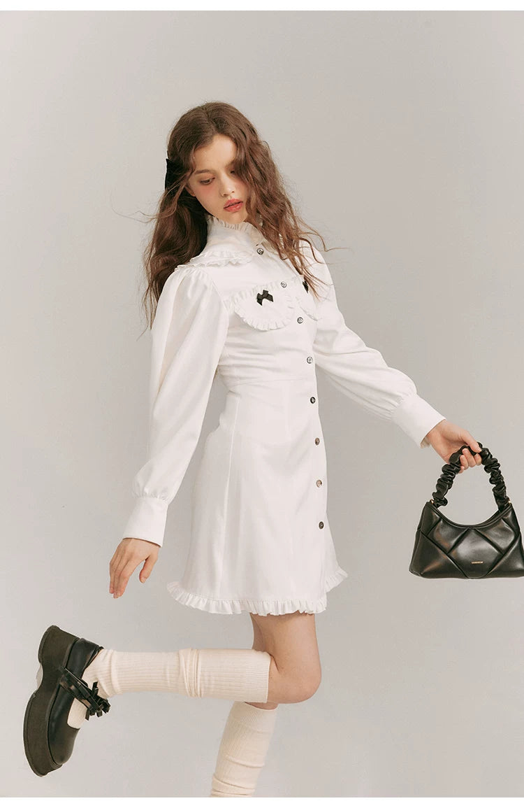 Double Neck Long Sleeve Shirt Dress