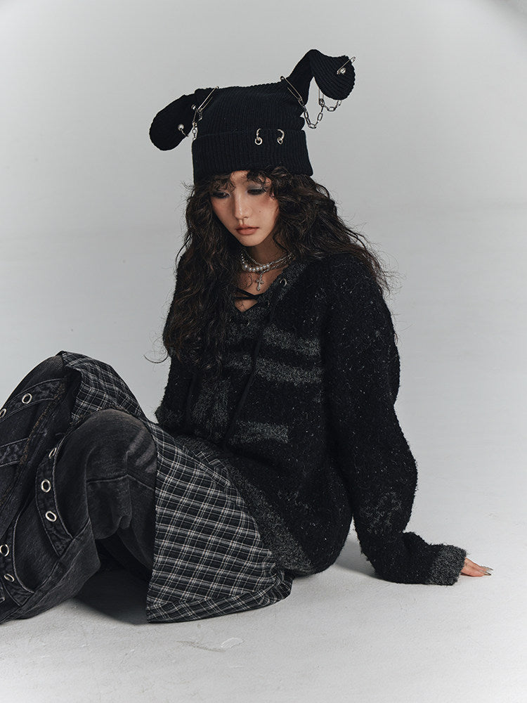 Cross Detail Drawstring Oversize V-Neck Knit Sweater