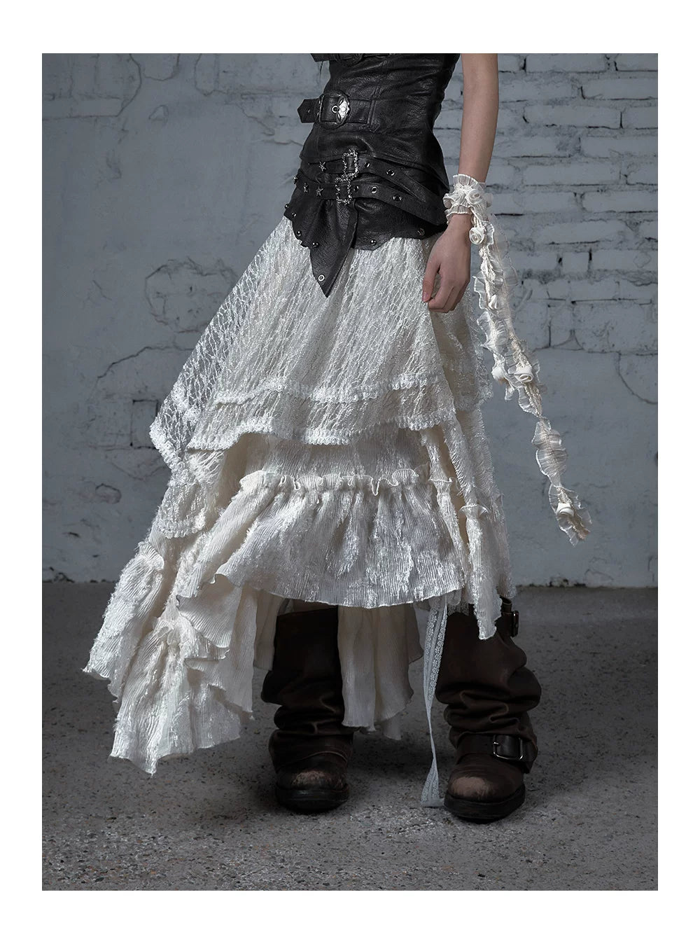 Asymmetric Lace Layered Belt Detail Skirt