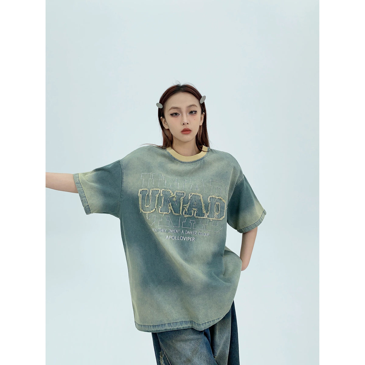 Patch Embroidery Oversized Denim Short Sleeve T-Shirt