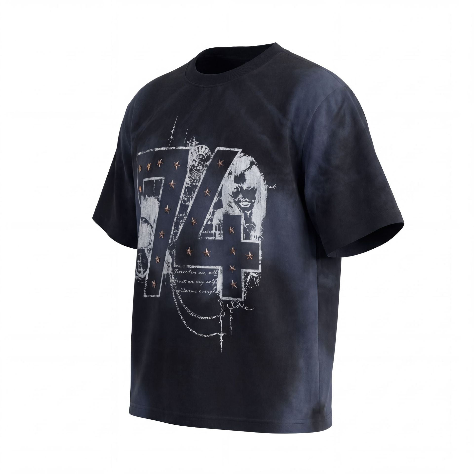 Rivet Wash Damage Cotton Short Sleeve T-Shirt