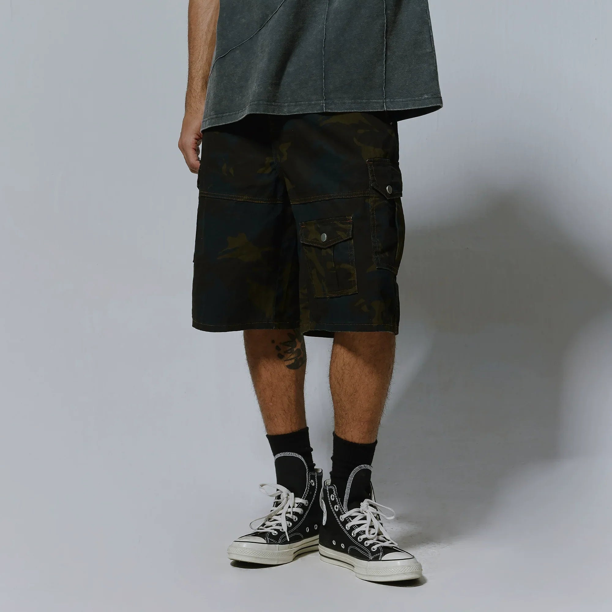 Washed Camouflage Multi-Pocket Cargo Short