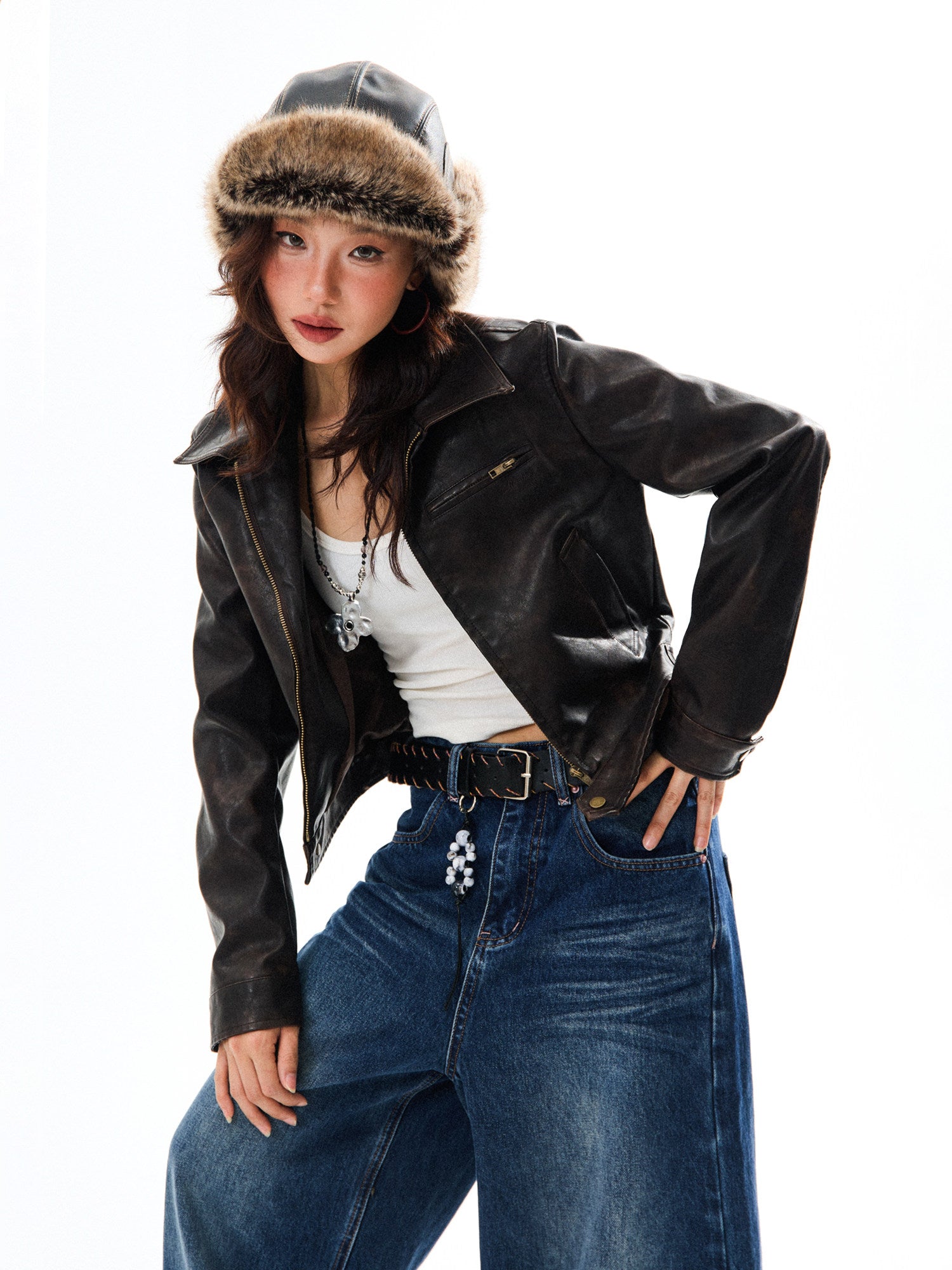 PU Leather Washed Zipper Short Length Jacket