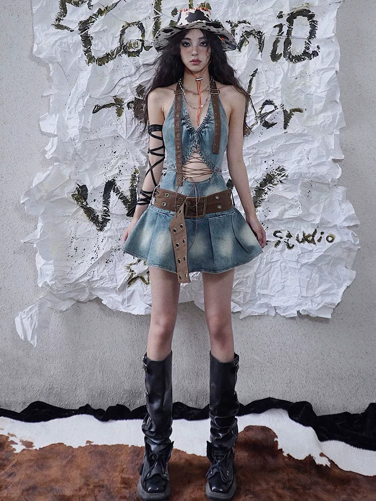 Denim Hollow-Out Tie-Strap Short Pleats Dress