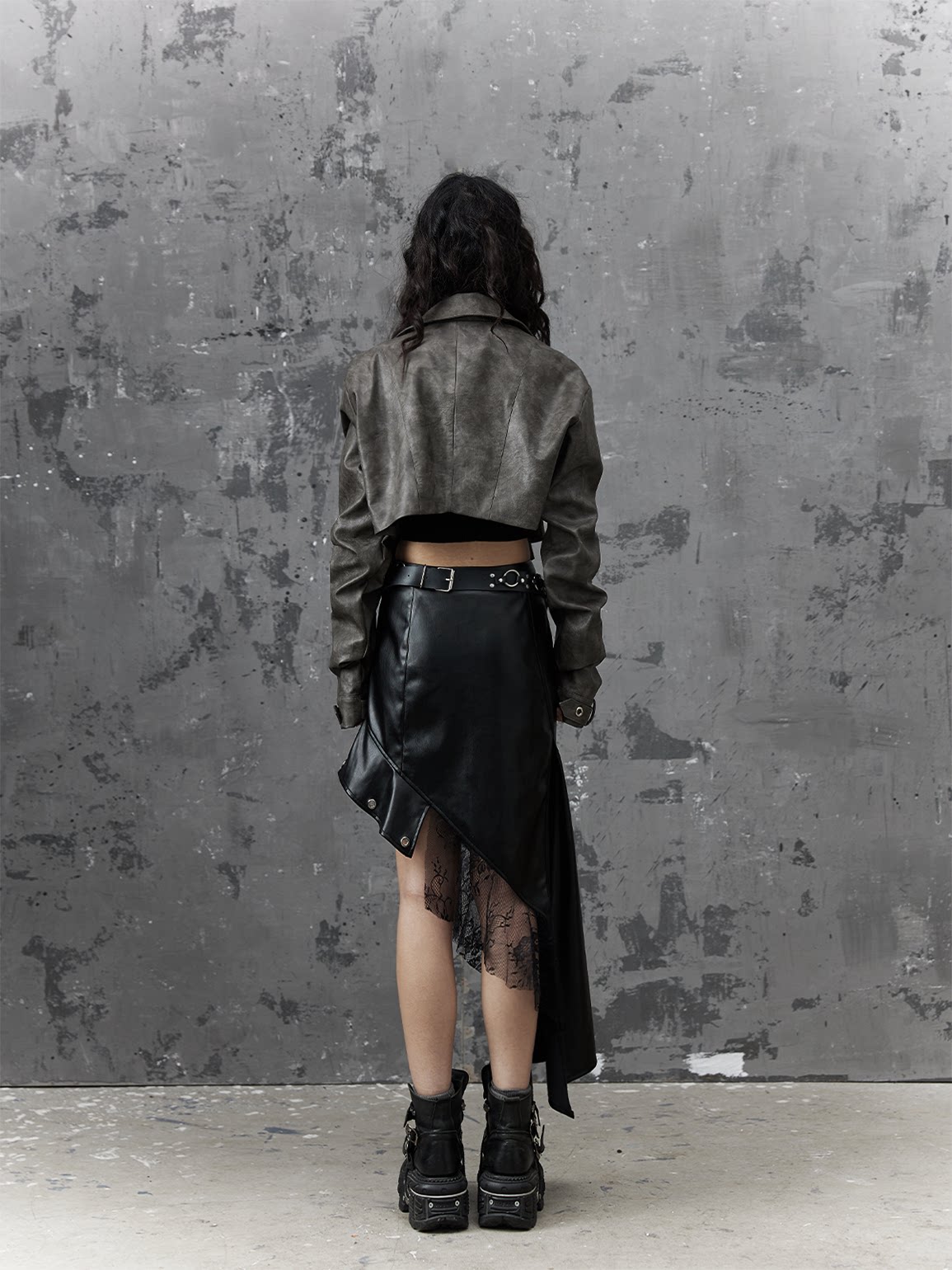 Asymmetric PU Leather Mesh Patchwork Skirt