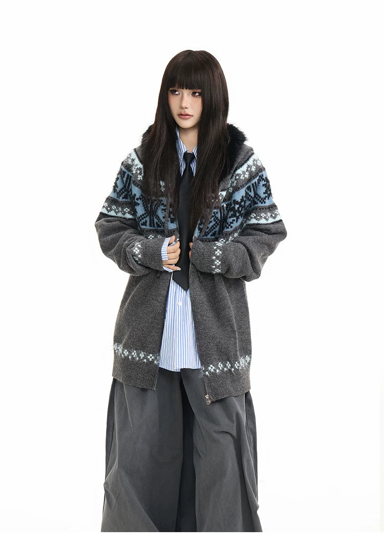 Fur Collar Fair Isle Hooded Knit Cardigan