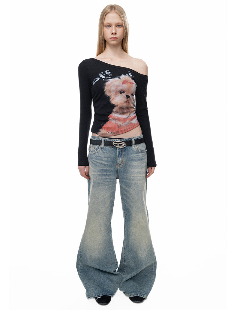 Hand-Painted Puppy Slanted Shoulder Top