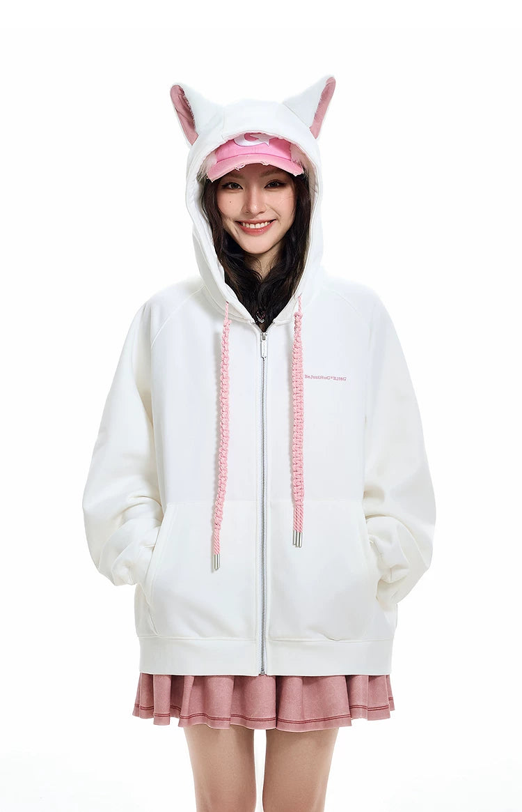 Ear Fleece Oversize Zipper Hoodie