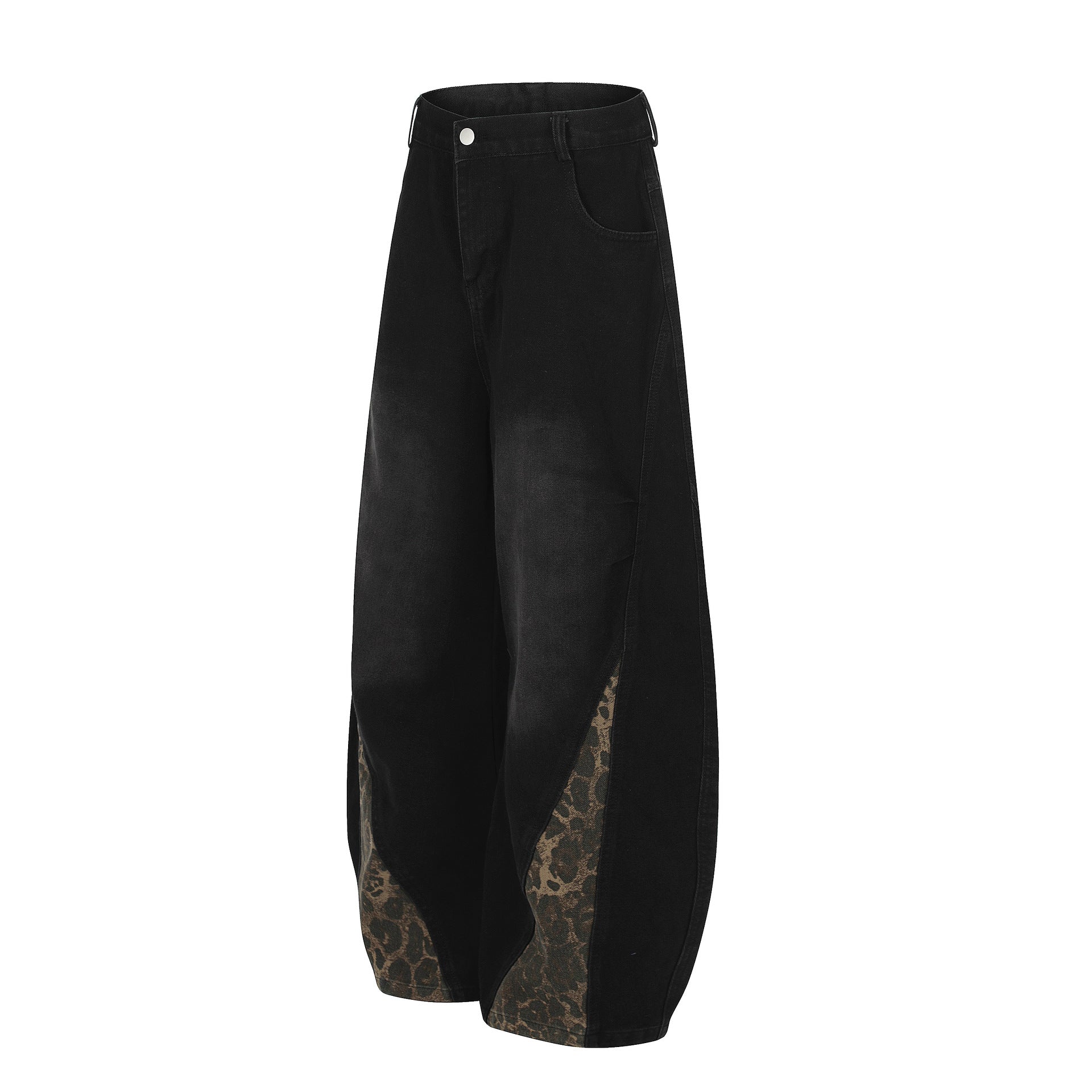 Washed Leopard Panel Curved Denim Jeans