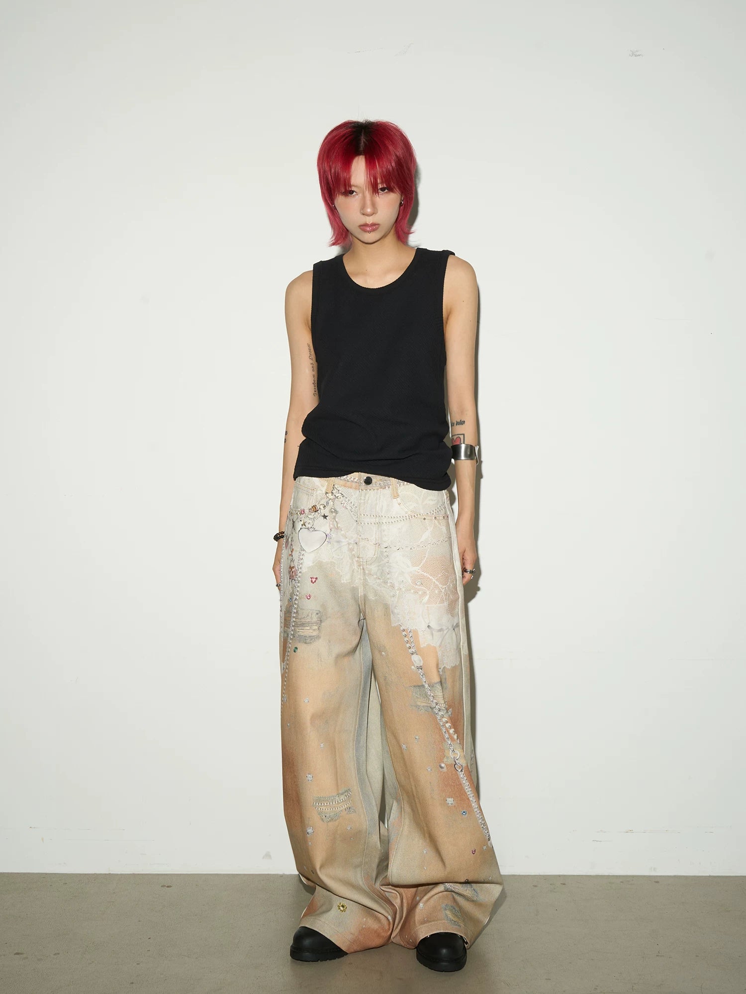 Digital Hand-Drawn Print Wide Leg Denim Jeans