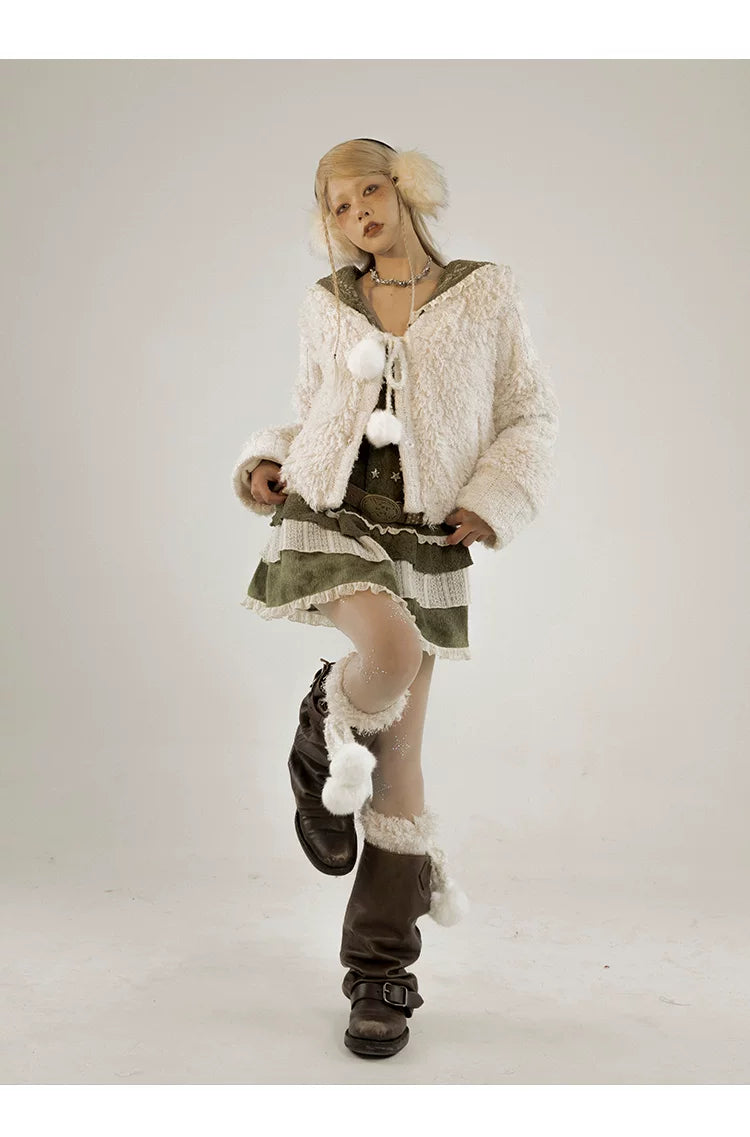 Fleece Lining Soft Fuzzy Knit Cardigan & Half Skirt Setup