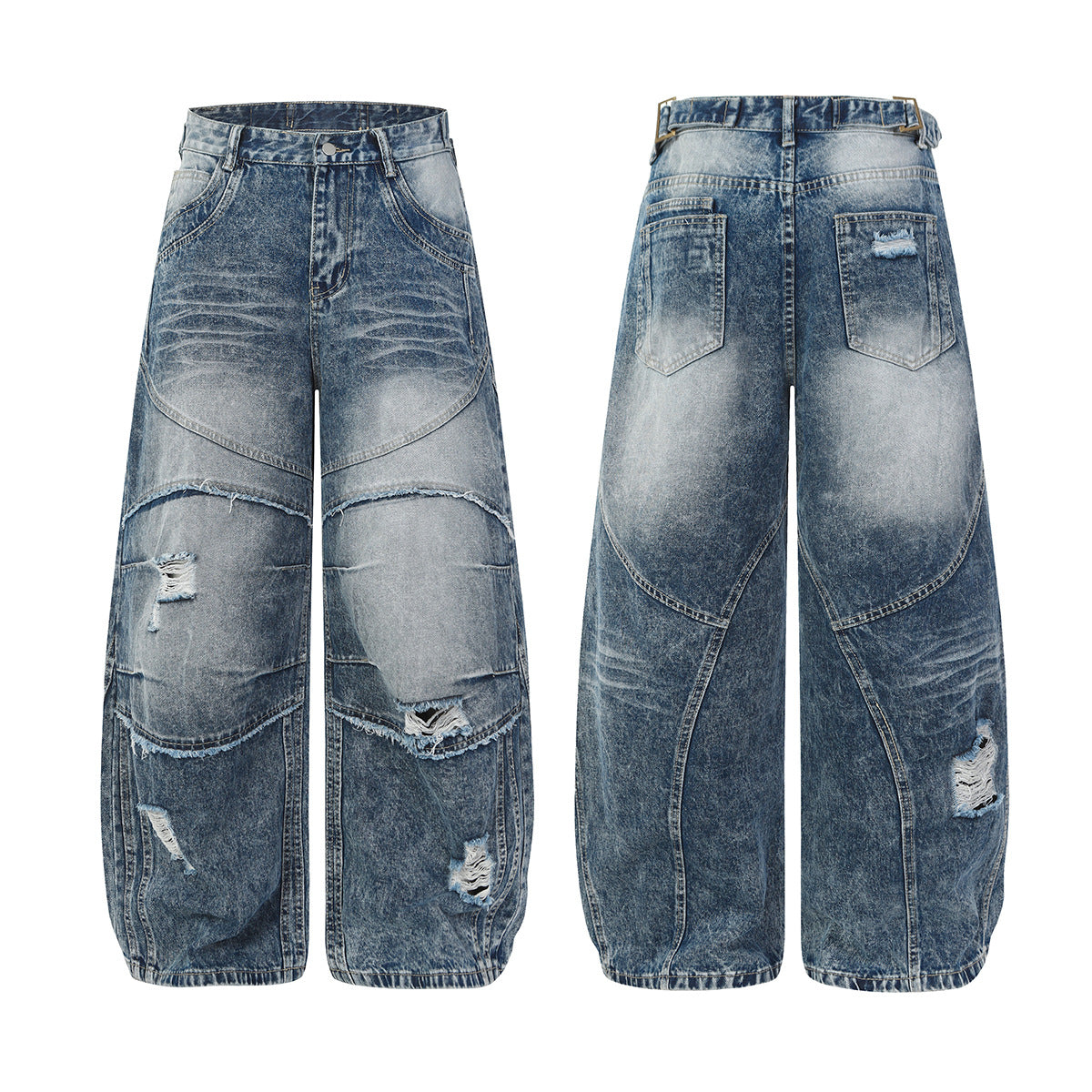 Washed Damage Splice Wide Leg Denim Jeans