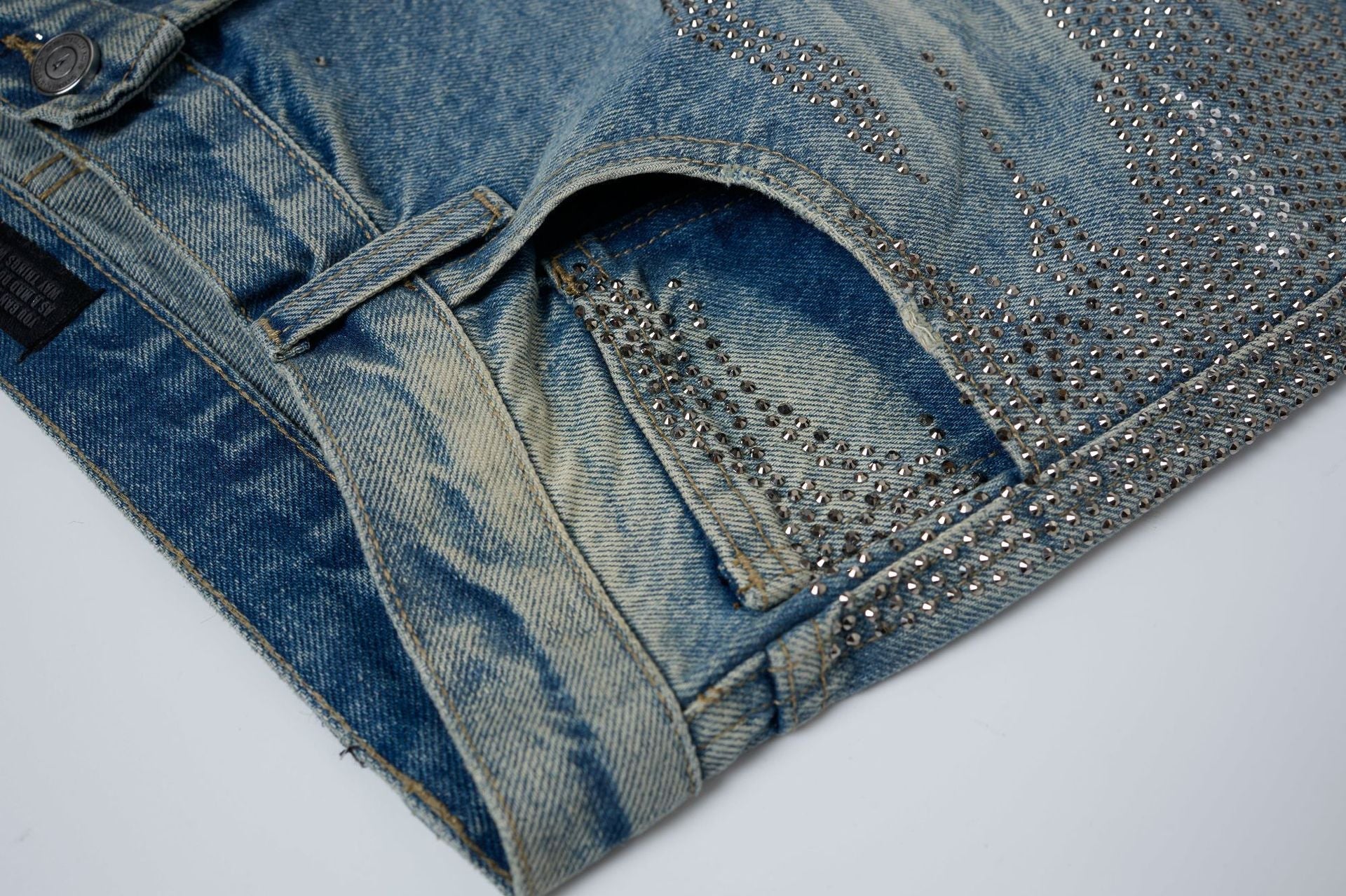 Rhinestone Camouflage Wash Denim Jort