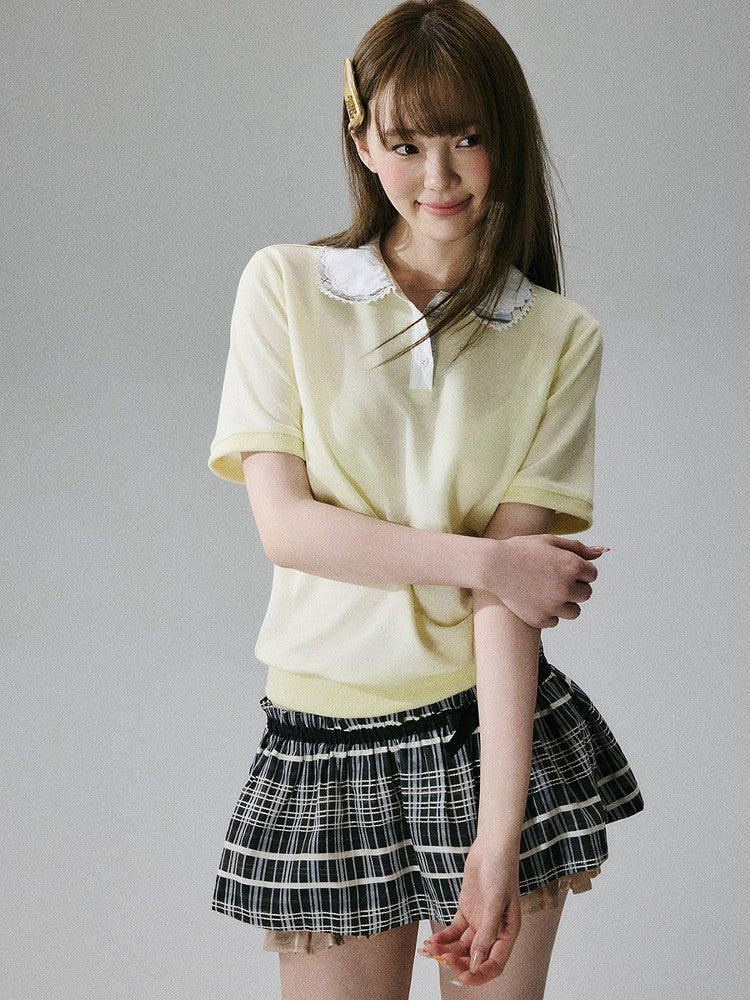 Lace Collar Short Sleeve Polo Shirt