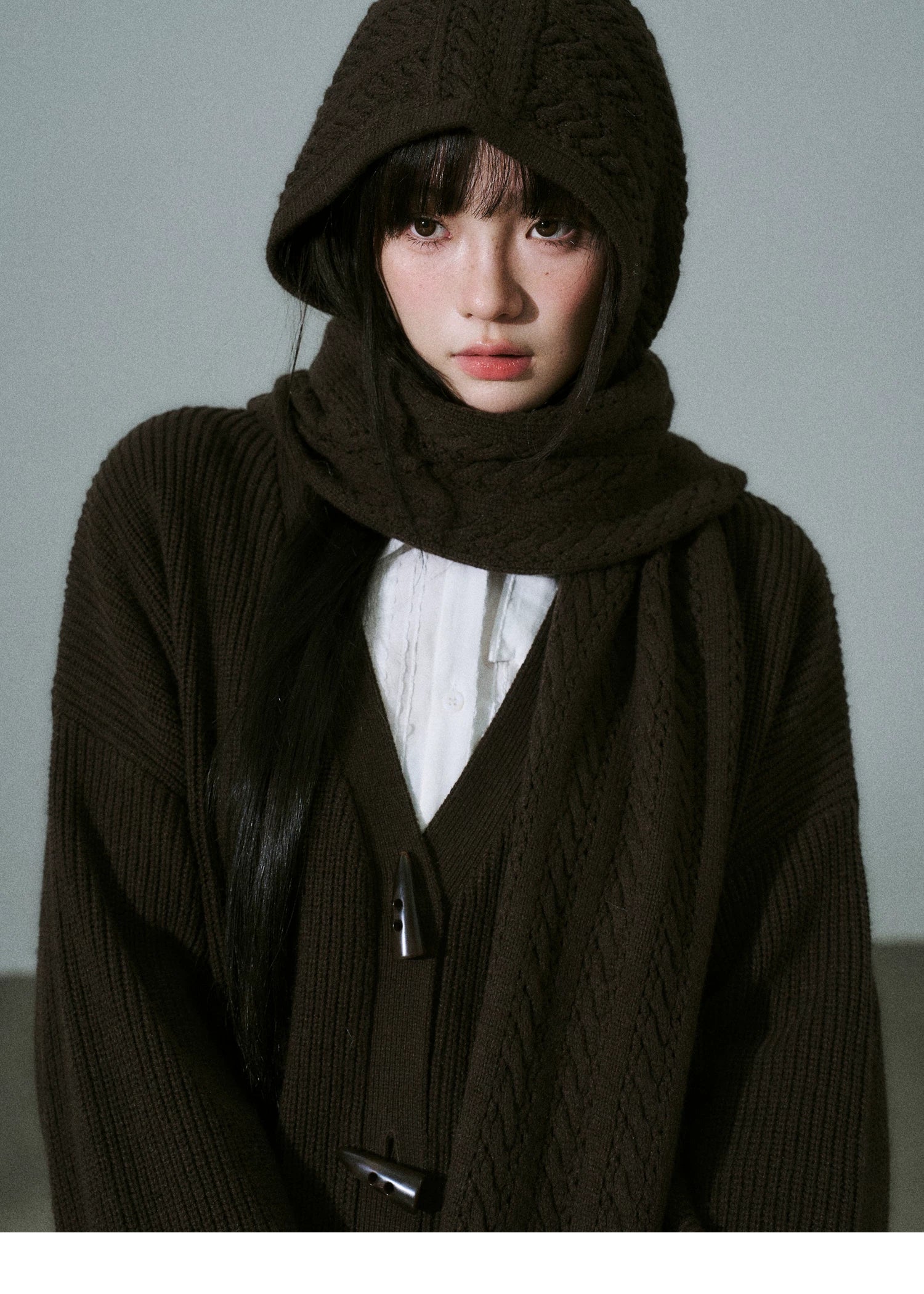 Hooded Horn Button Fleece Lining Knit Cardigan