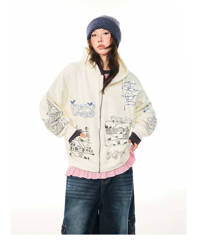 Graphic Print Oversize Zipper Hoodie
