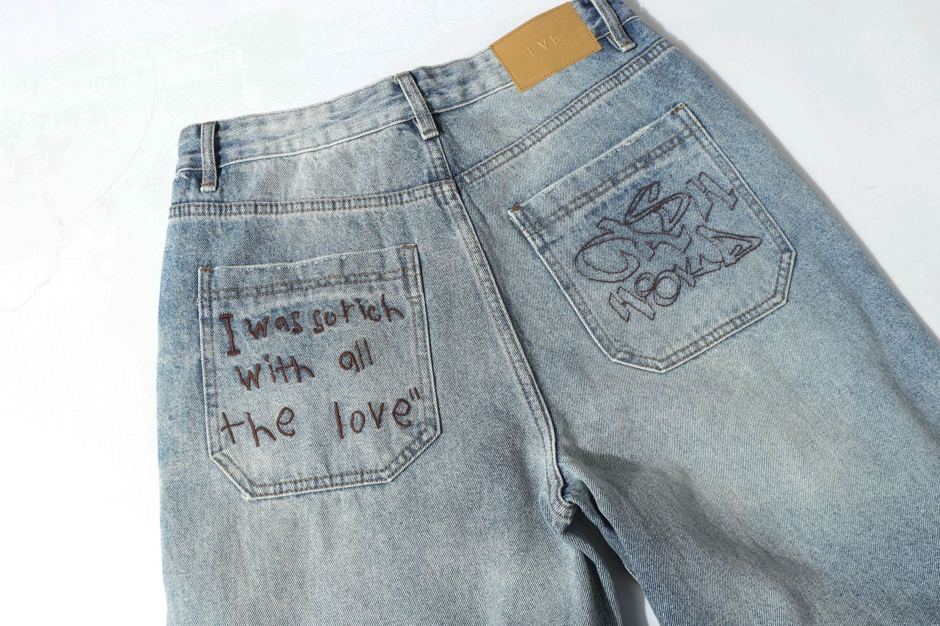 Washed Whisker Damage Wide Leg Denim Jeans