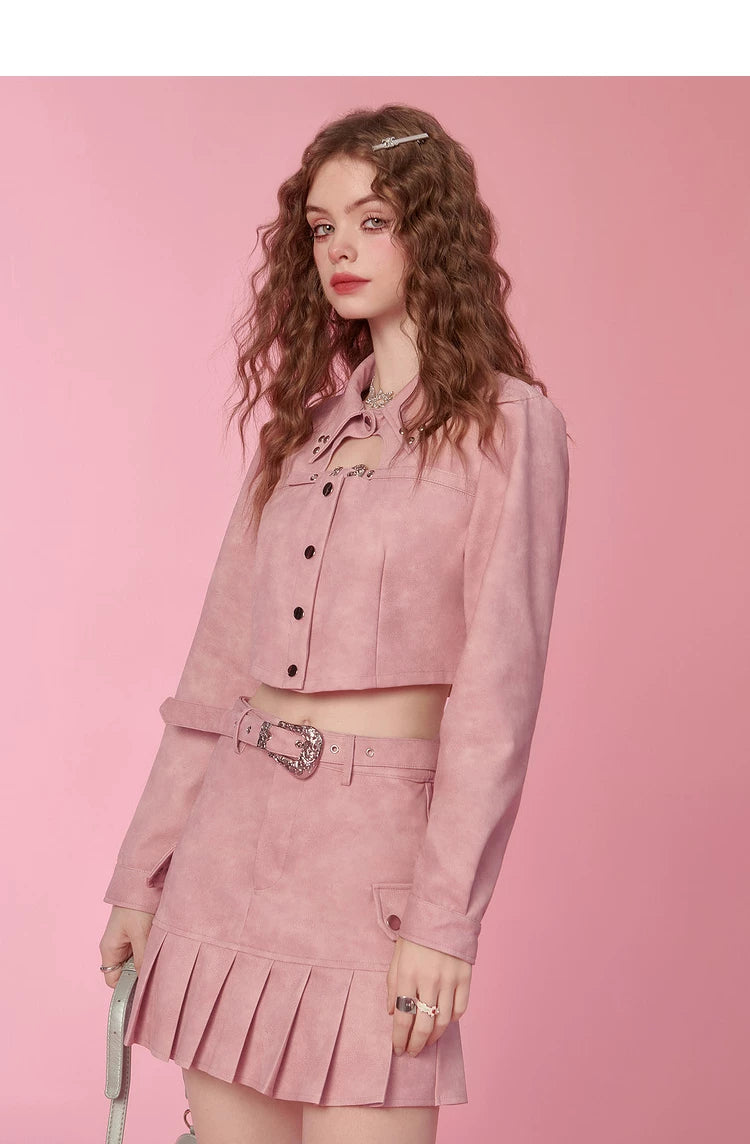 PU Leather Short Jacket & Short Pleats Skirt Setup