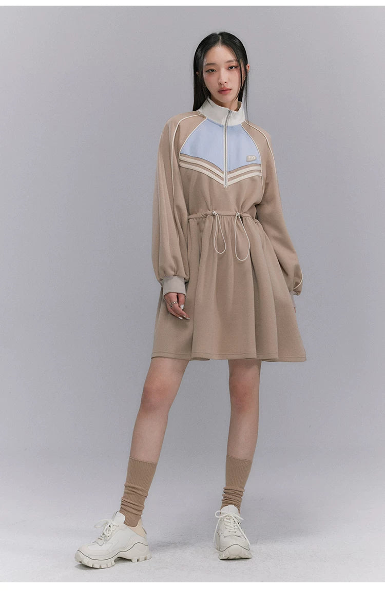 Embroidery Color Blocking Sporty Long Sleeve Jersey Dress