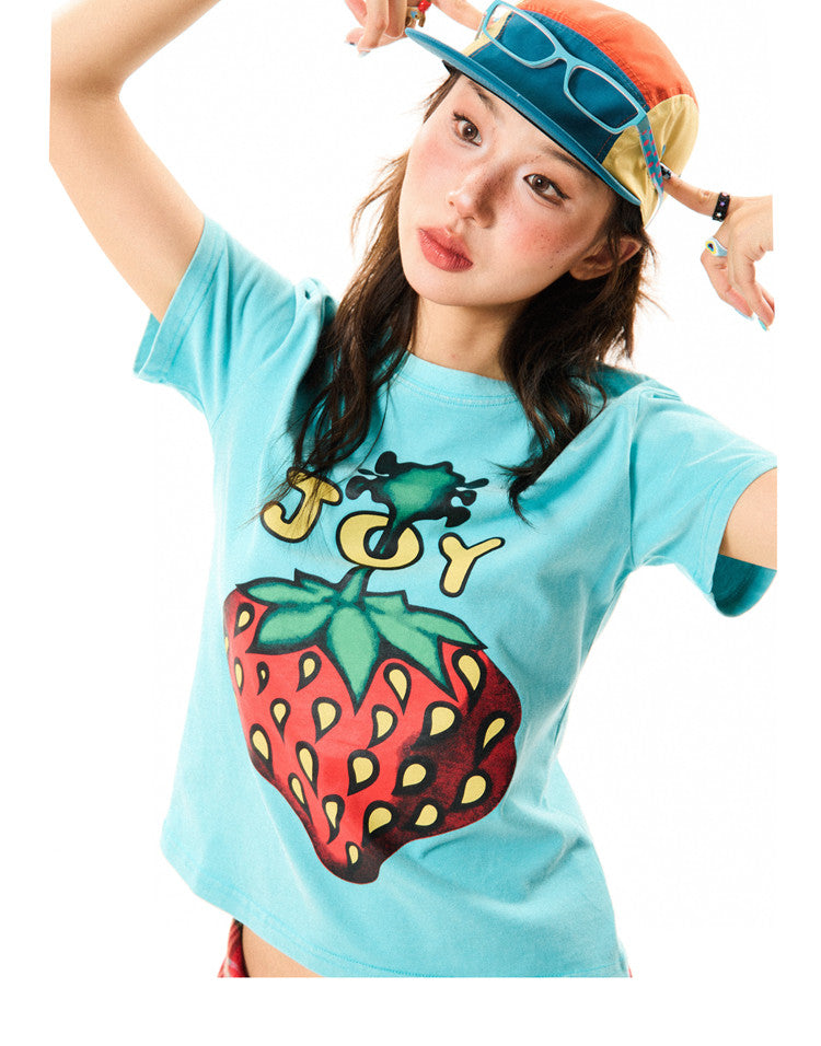 Strawberry Print Cropped Short Sleeve T-Shirt