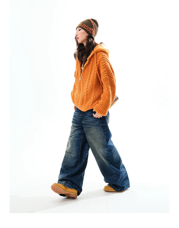 Chunky Knit Zipper Hooded Oversize Cardigan
