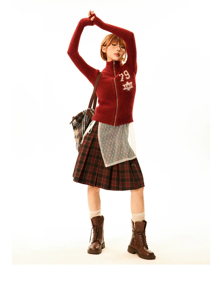 Number Patch Knit Zipper Stand Neck Cardigan
