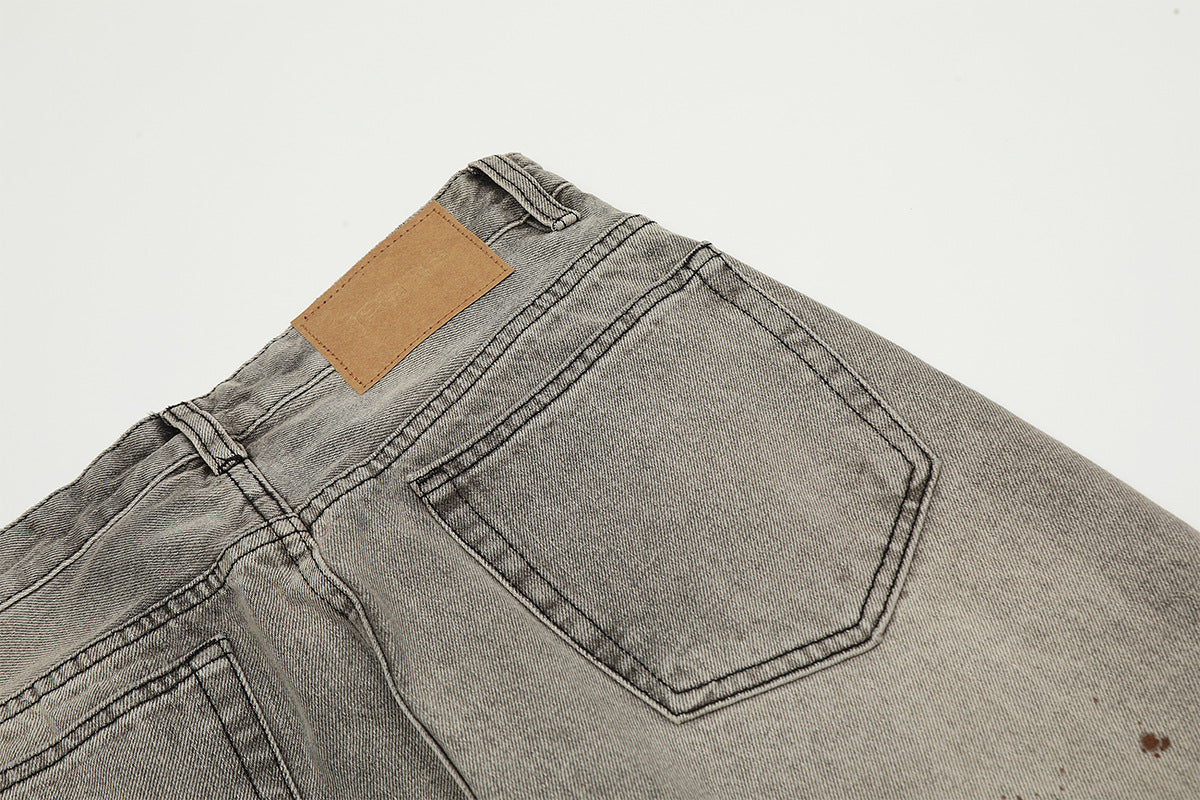 Washed Damage Straight Wide Leg Denim Jeans
