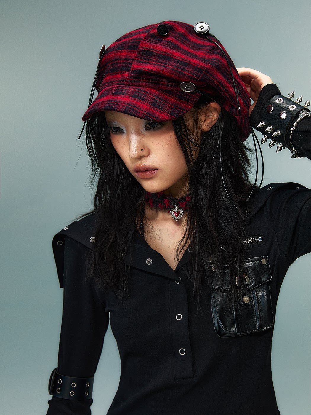 Handcrafted Button Strap Red Plaid Beret Hat