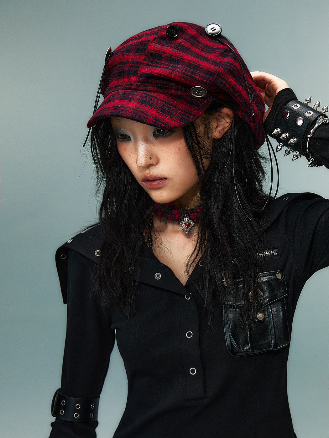 Handcrafted Button Strap Red Plaid Beret Hat
