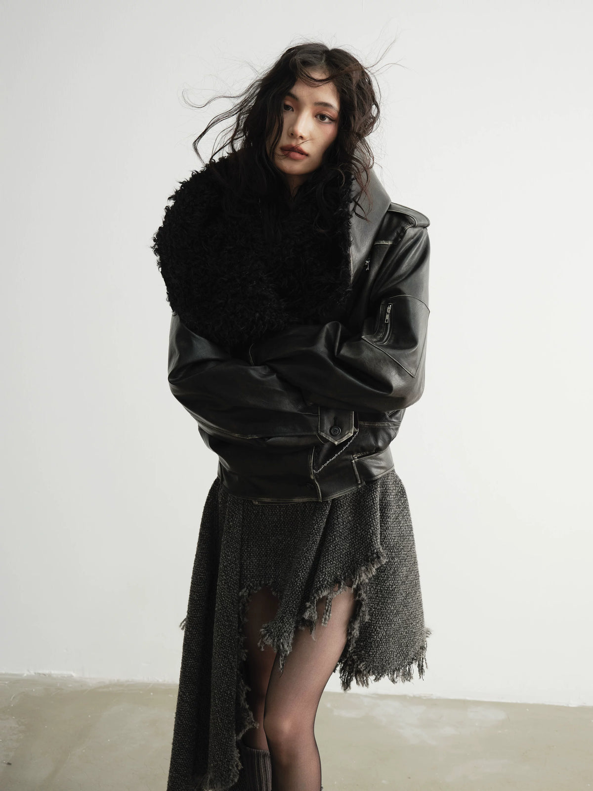 Big Hairy Collar PU Leather Jacket