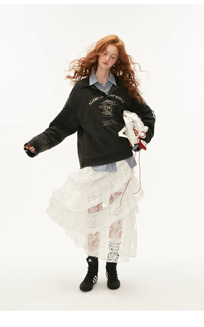 Washed Lace Polo Sweatshirt