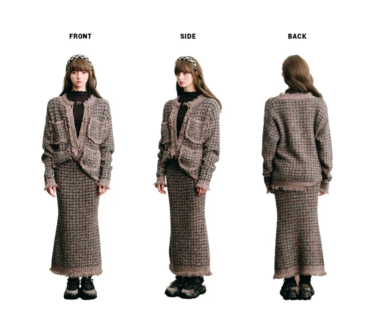 Plaid Button Cardigan & Scarf & Long Skirt Setup