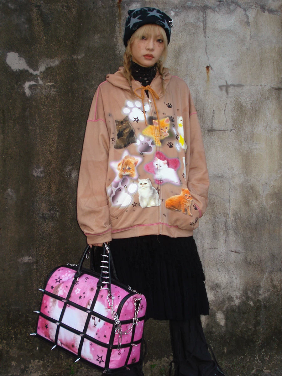Cat Print Zipper Hoodie