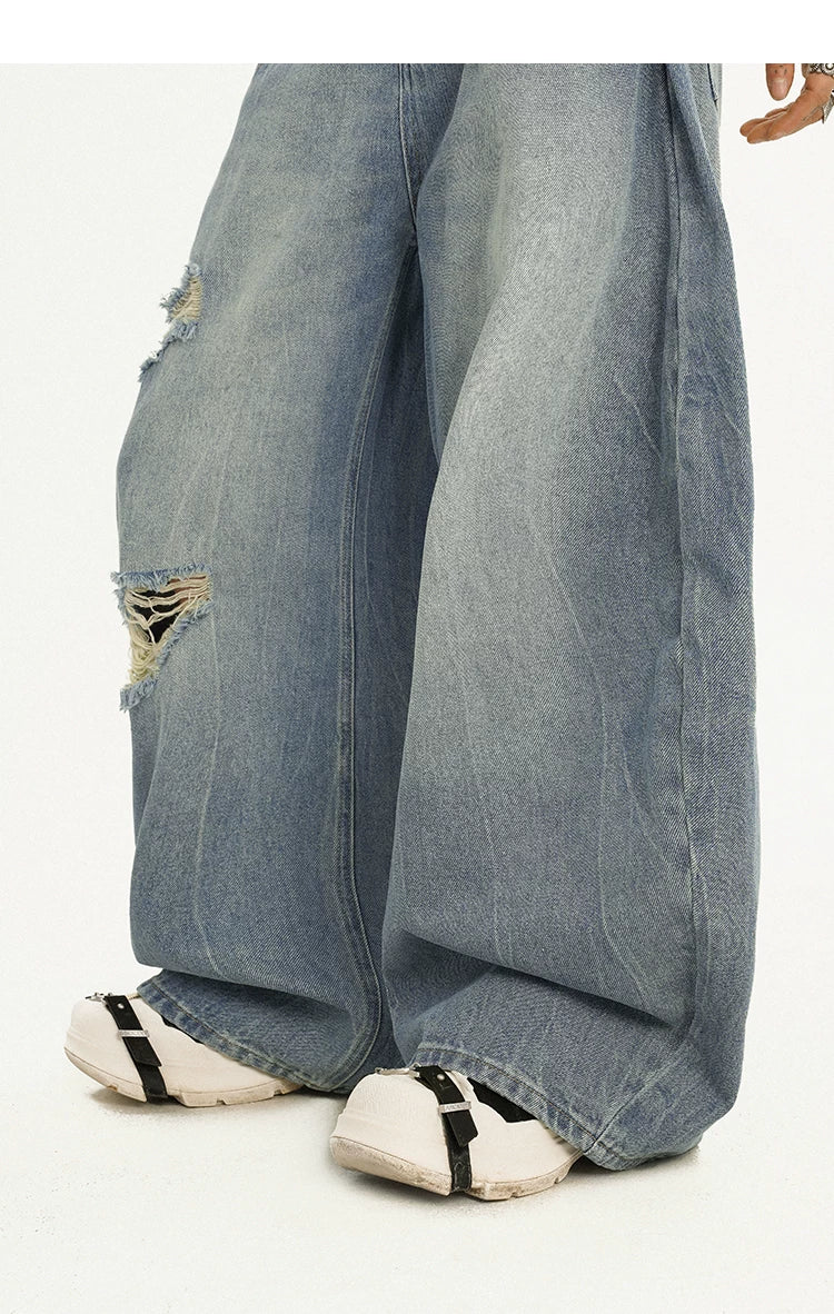 Damage Embroidery Wash Wide Leg Denim Jeans