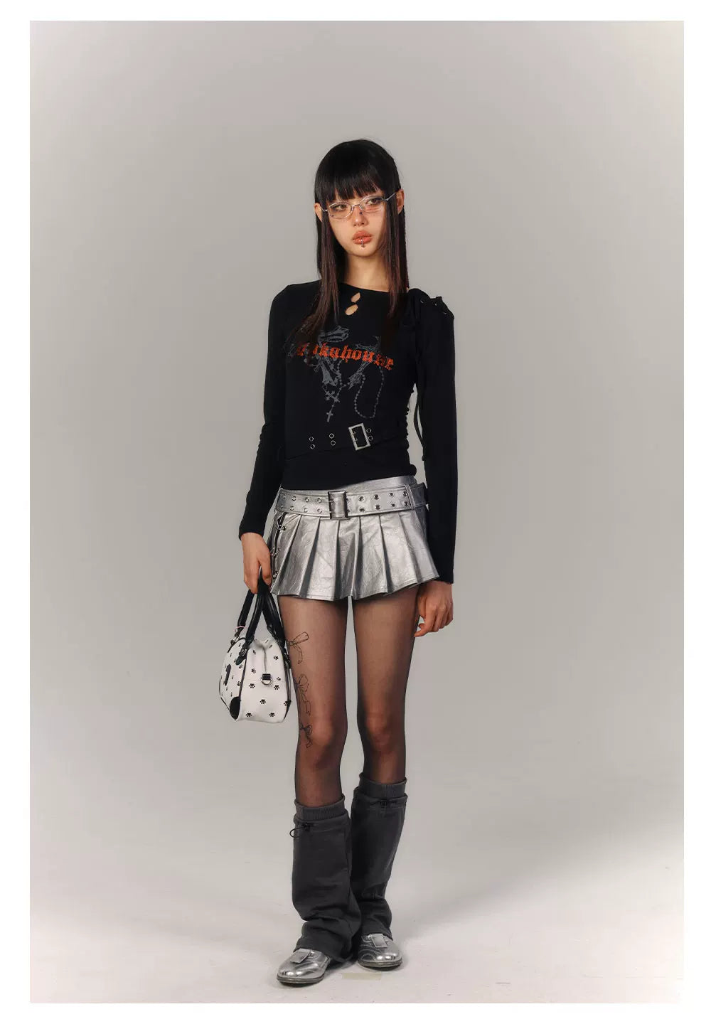 Cross Print Strap Buckle Cutout Long Sleeve T-Shirt