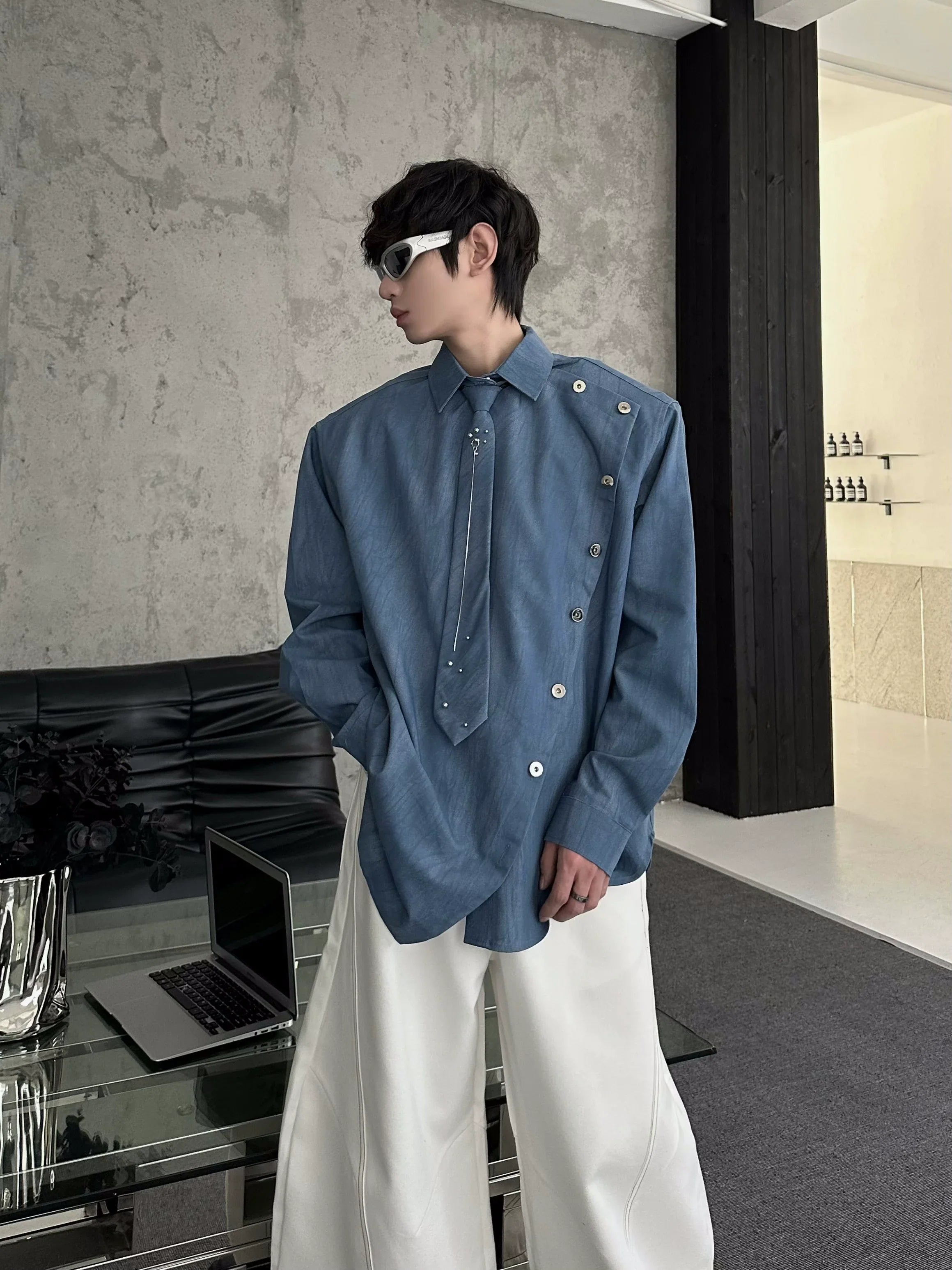Shoulder-Pad Tie Design Oversize Long Sleeve Shirt