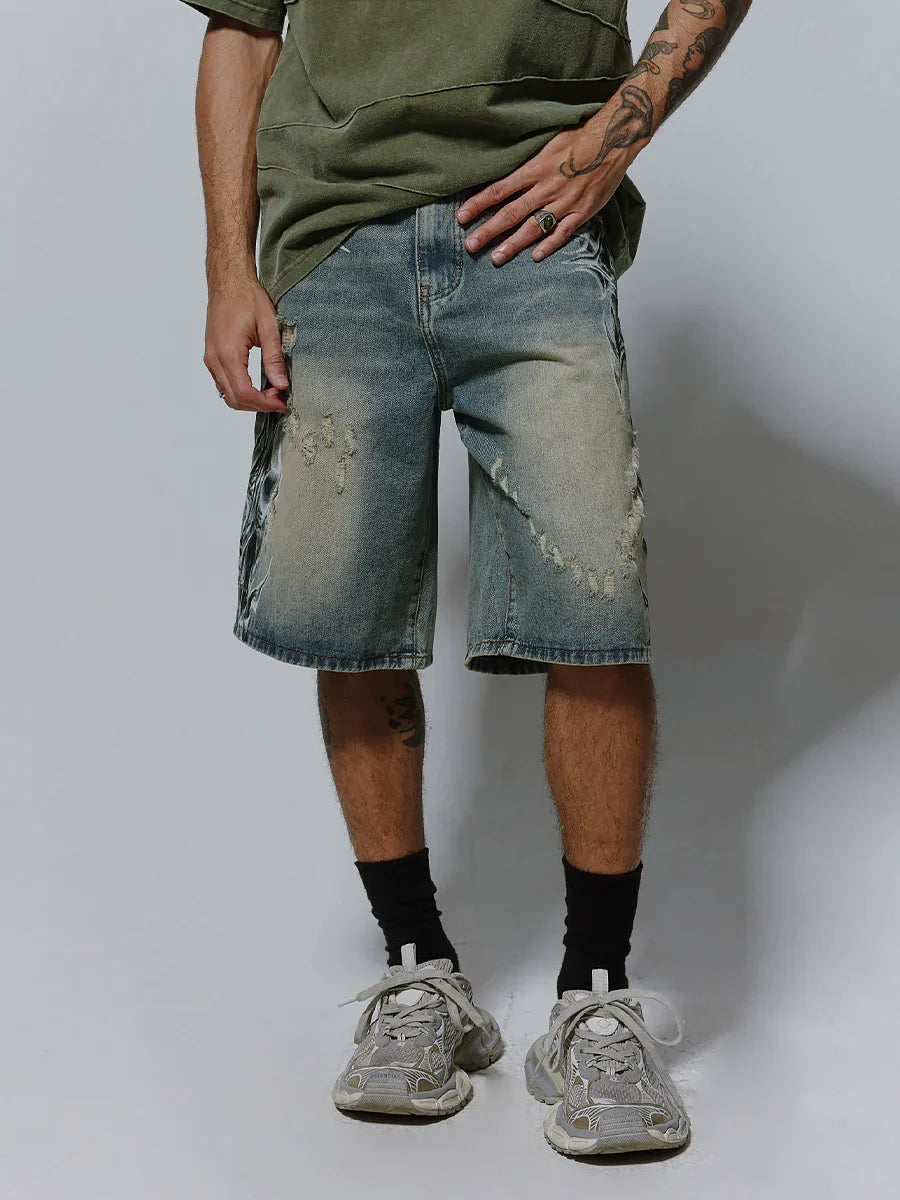 Spray Print Washed Wide Leg Denim Short Pants