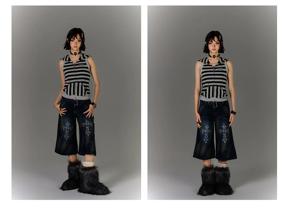 Washed Damage High-Waist Cropped Straight Denim Jeans