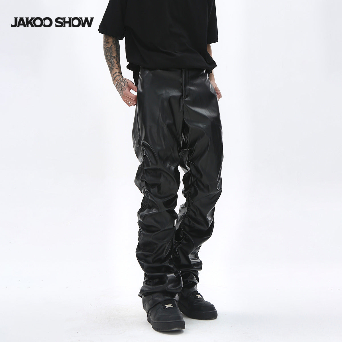 PU Leather Pleats Straight Pants
