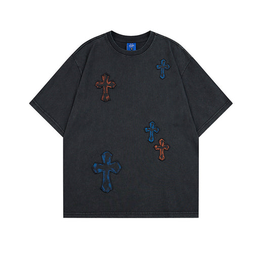 Washed Cross Applique Short Sleeve T-Shirt - Black / S