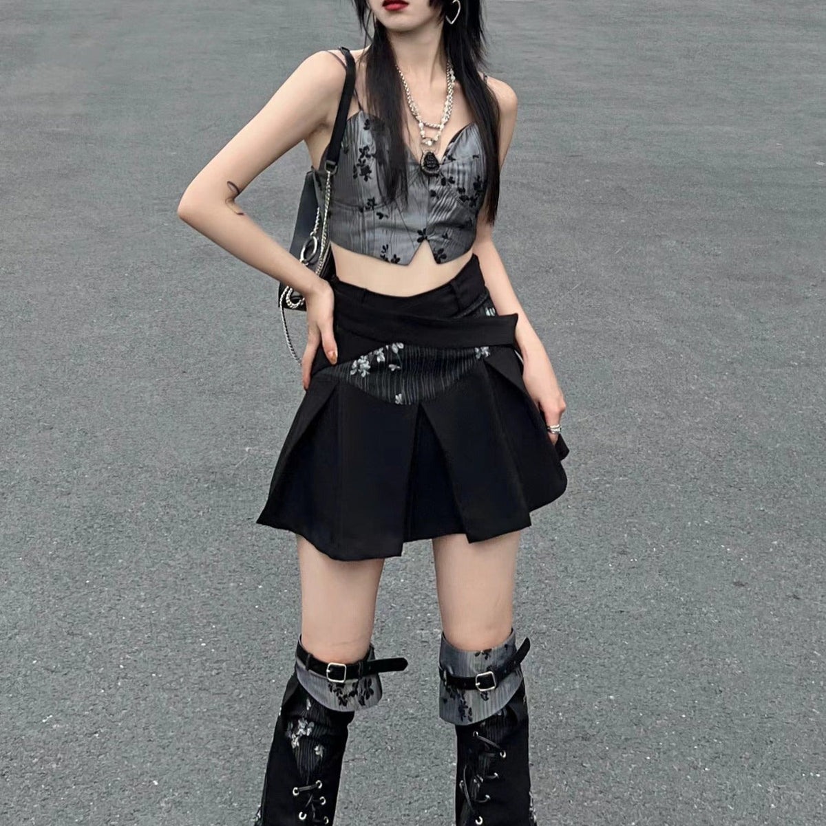 Floral Camisole Bustier & Flare Leg Warmers & Pleats Skirt & Cropped Jacket Setup
