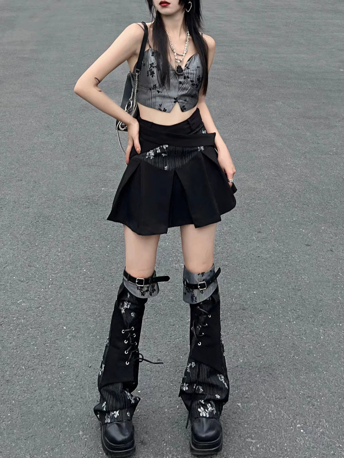 Floral Camisole Bustier & Flare Leg Warmers & Pleats Skirt & Cropped Jacket Setup