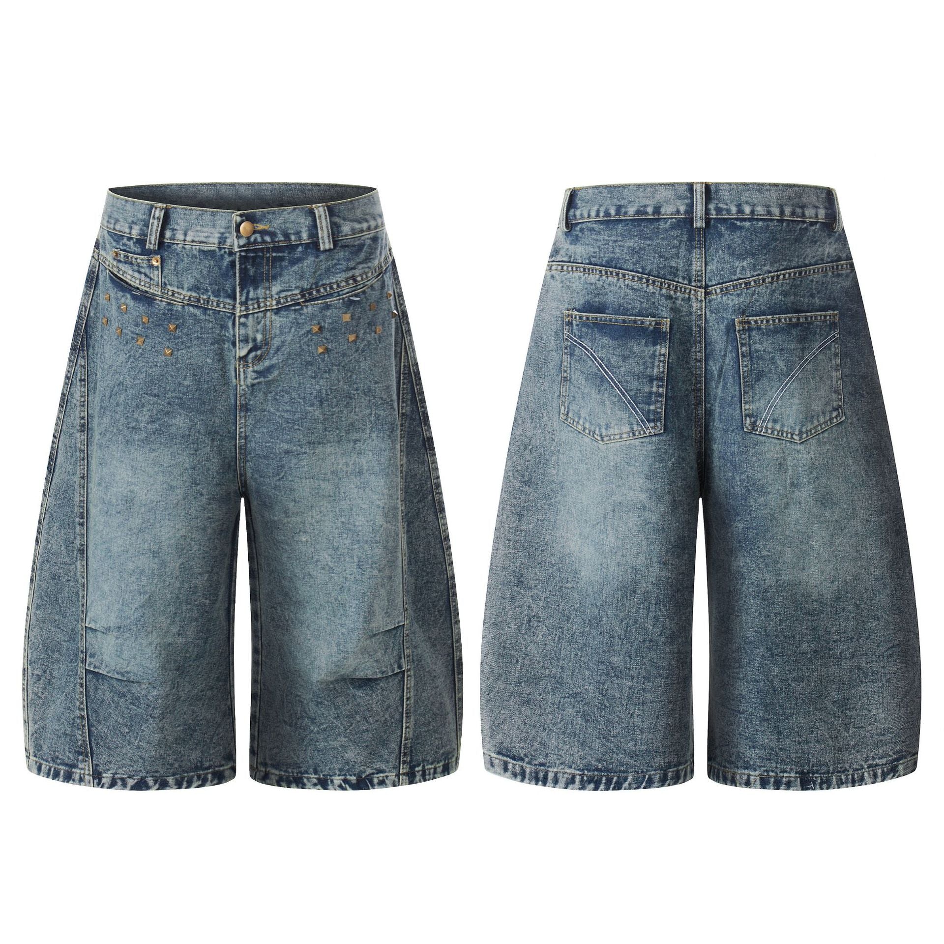 Washed Studs Panel Cropped Denim Jort