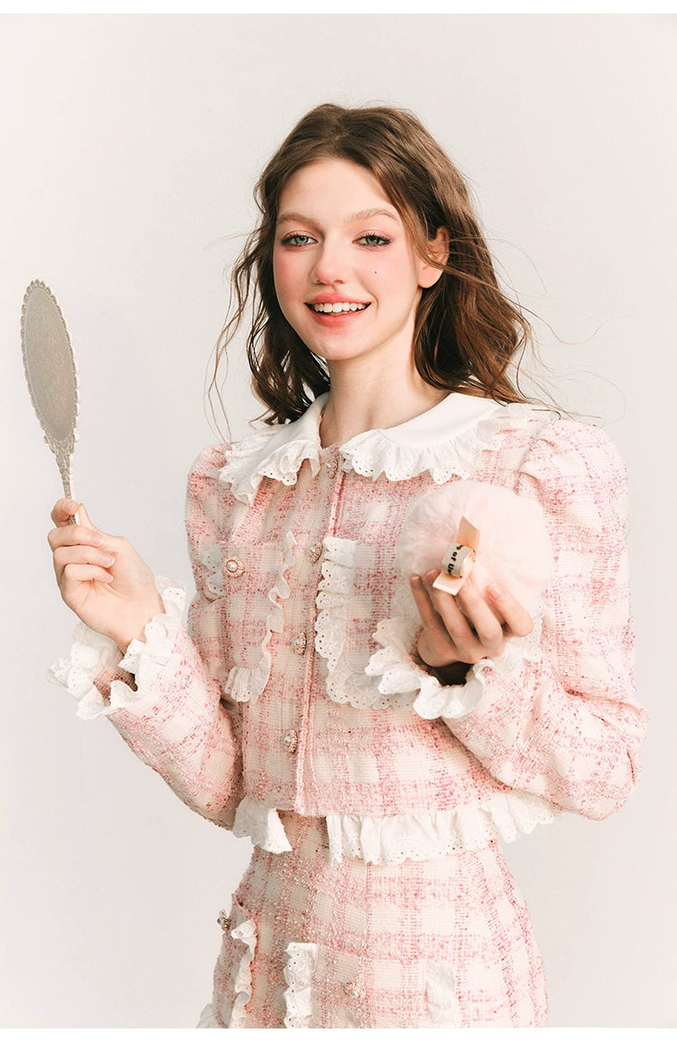 Lace Plaid Cropped Jacket & Short Lace Skirt Setup