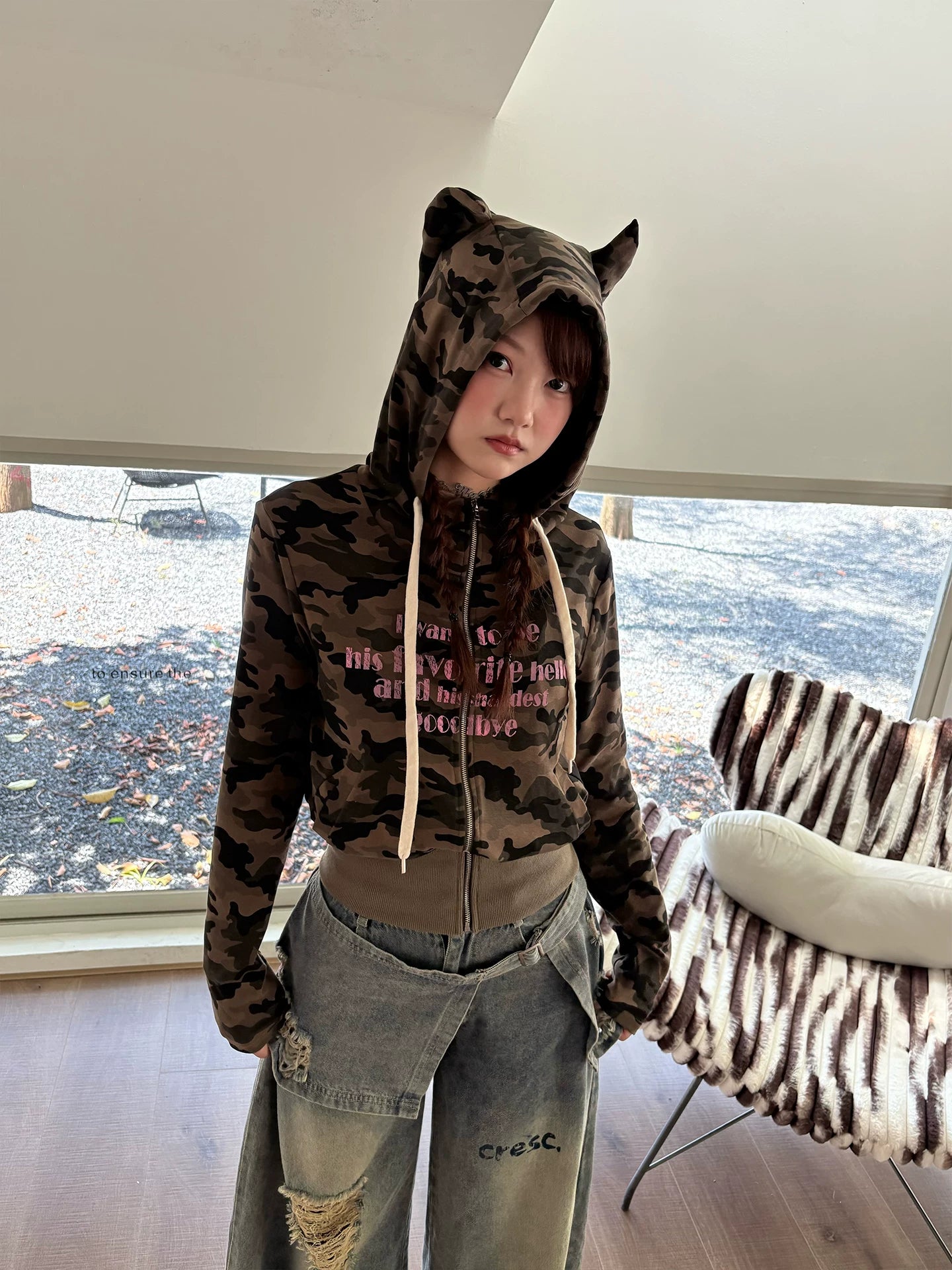 Devil Horn Hooded Print Zipper Hoodie