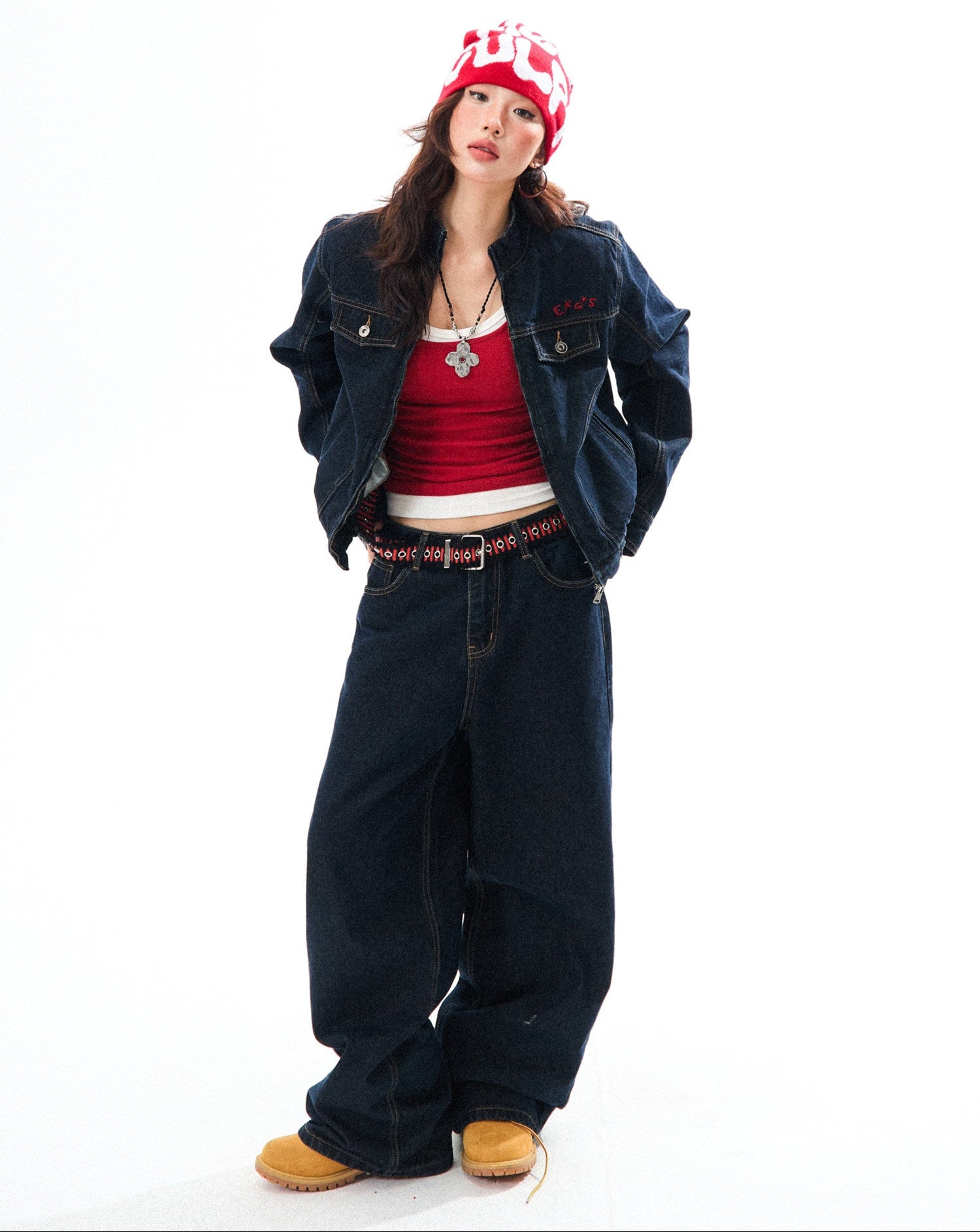 Embroidered Cropped Denim Jacket & Wide-Leg Denim Jeans Setup